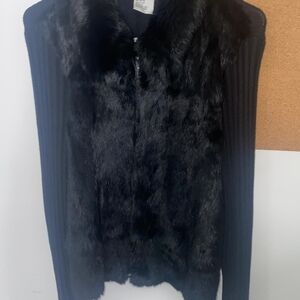 Women's Black Faux Fur Front Ribbed Cardigan